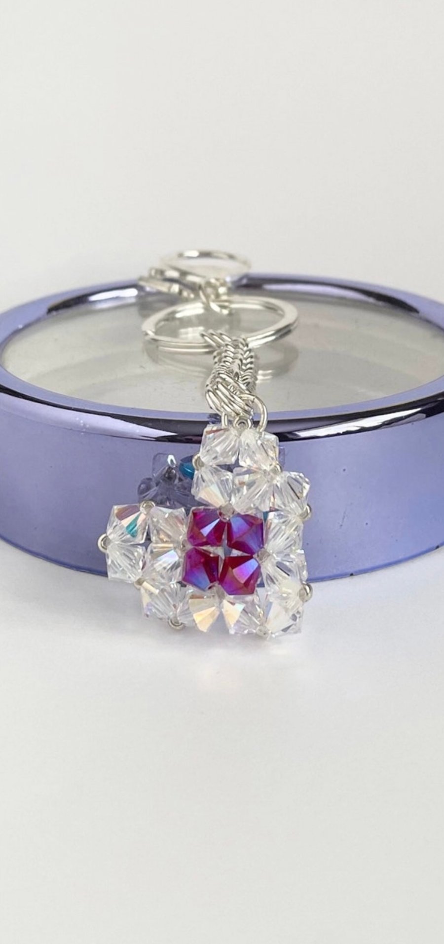 Crystal Clear AB Red Heart Handbag Charm, with a Chainmaille Chain and Keyring