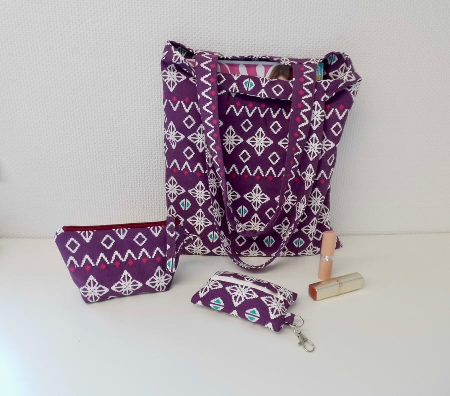 Set of three items purple tote bag make up bag and tissue holder