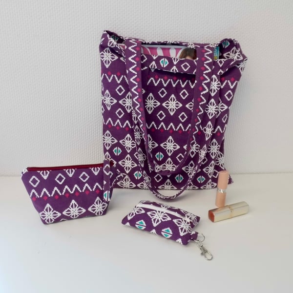 Set of three items purple tote bag make up bag and tissue holder