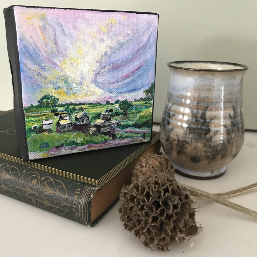 'Allotment - Ramsey NW View', Original Acrylic Painting, Special Gift, Gardener