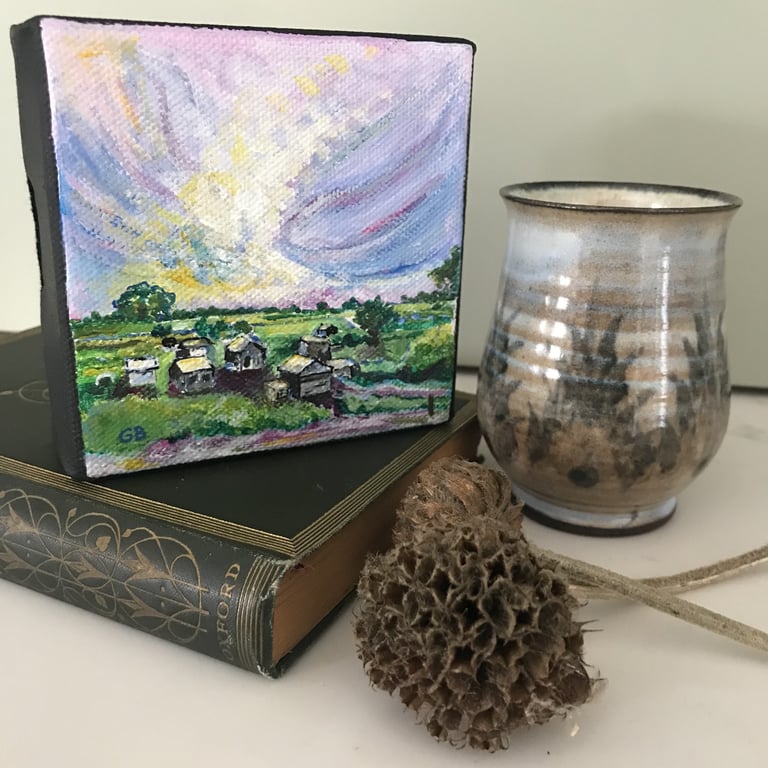 'Allotment - Ramsey NW View', Original Acrylic Painting, Special Gift, Gardener