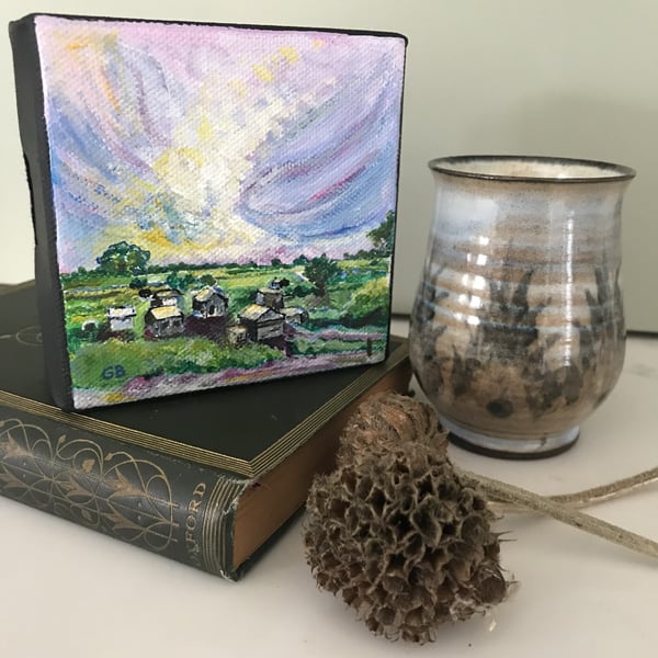 'Allotment - Ramsey NW View', Original Acrylic Painting, Special Gift, Gardener