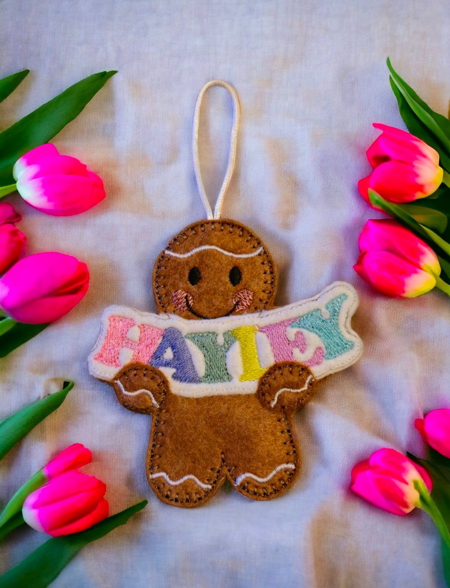 Personalised gingerbread lady with the name Hayley Embroidered Hanging Keepsake