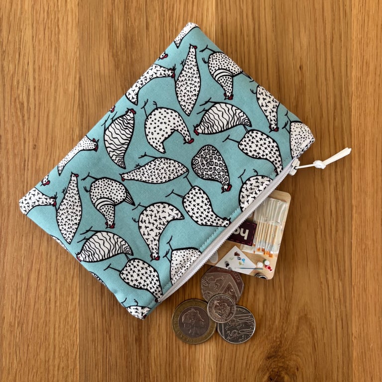 Small zipped fabric coin purse, pouch, in a fun chicken design