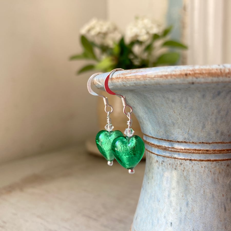 Green Murano Glass Heart Earrings with Swarovski crystal, sterling silver