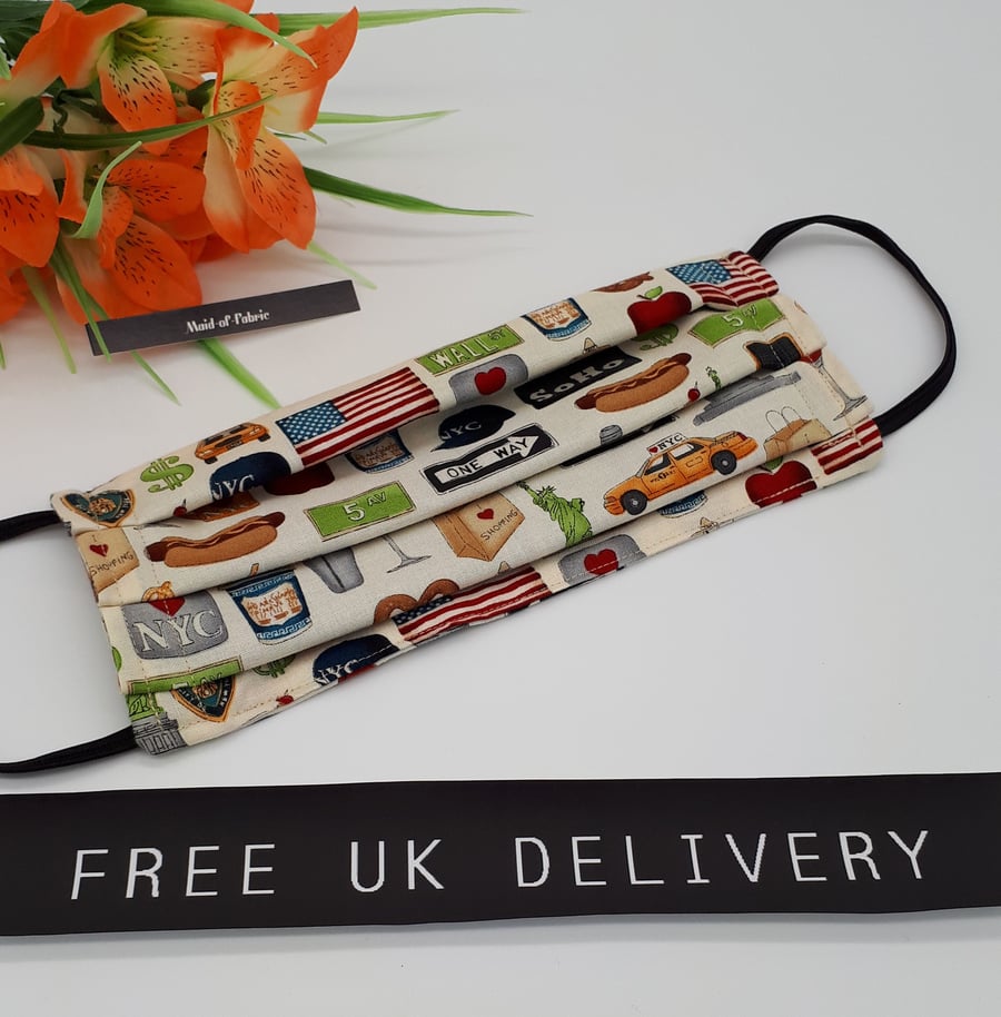 Face mask, large, 3 layer,  machine washable in New York cotton 