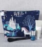 Large zipped pouch, cosmetic bag, unicorn, castle.