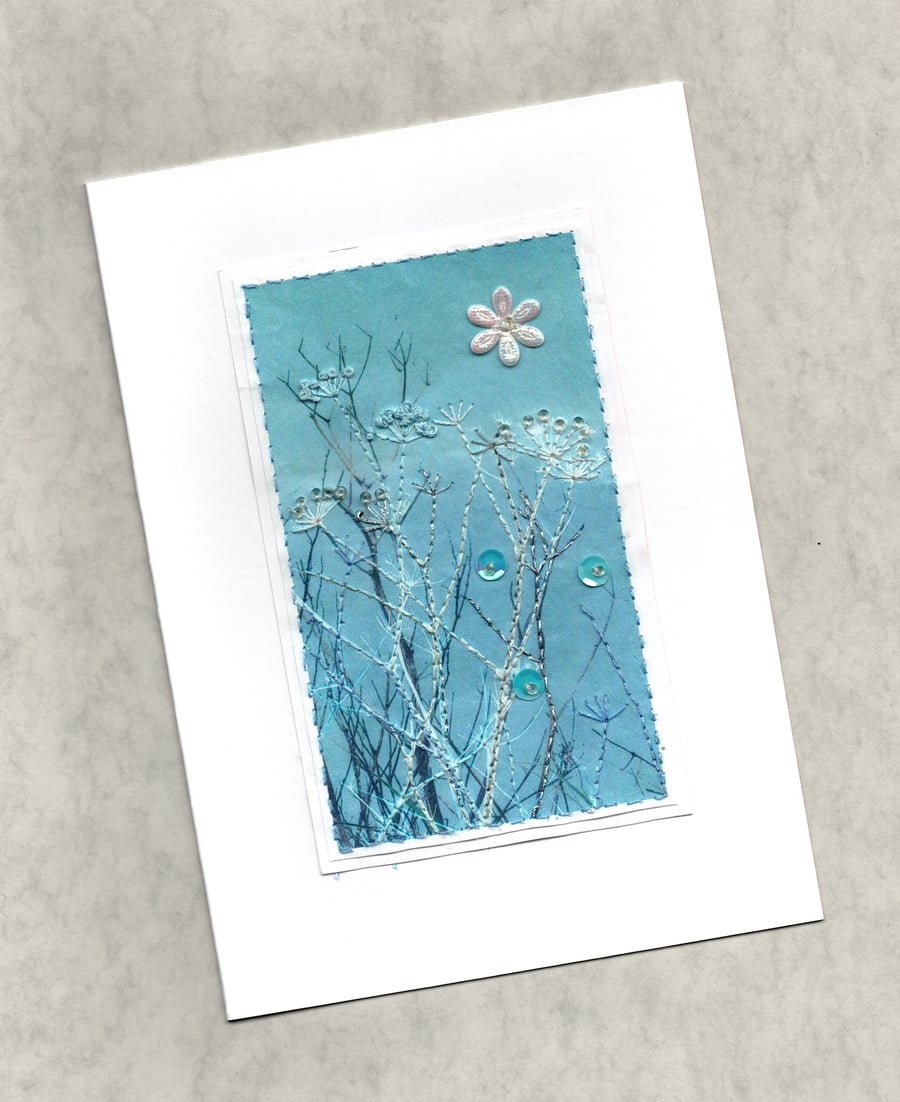"Sky Blue Nature": Hand-embroidered Digital Print Greetings Card