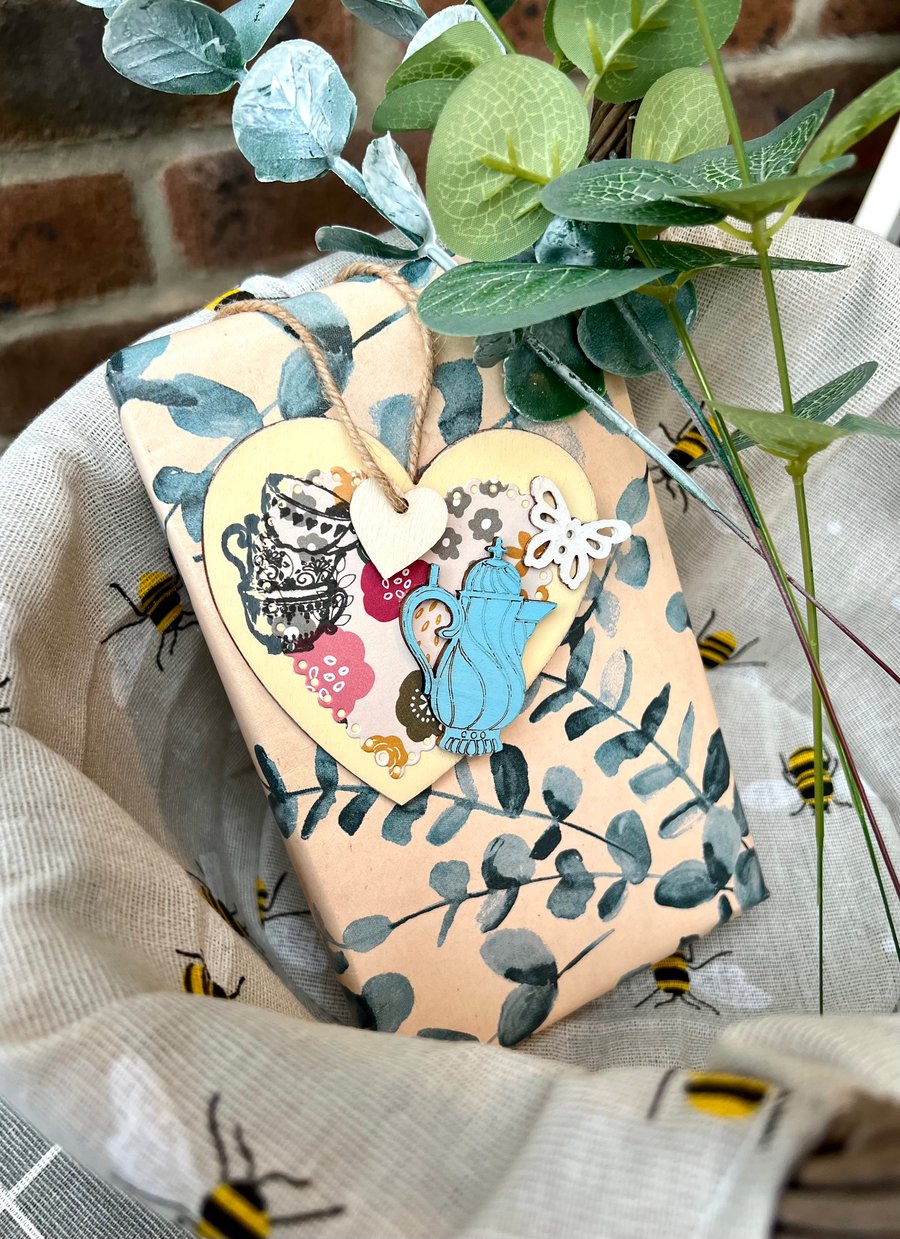 Wooden Hanging Decoration - Blue teapot heart 