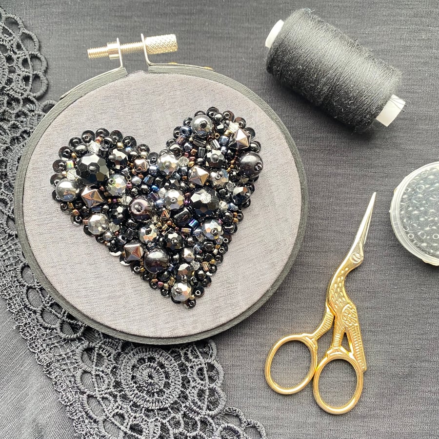 Black Beaded Embroidery Heart (Free p&p)
