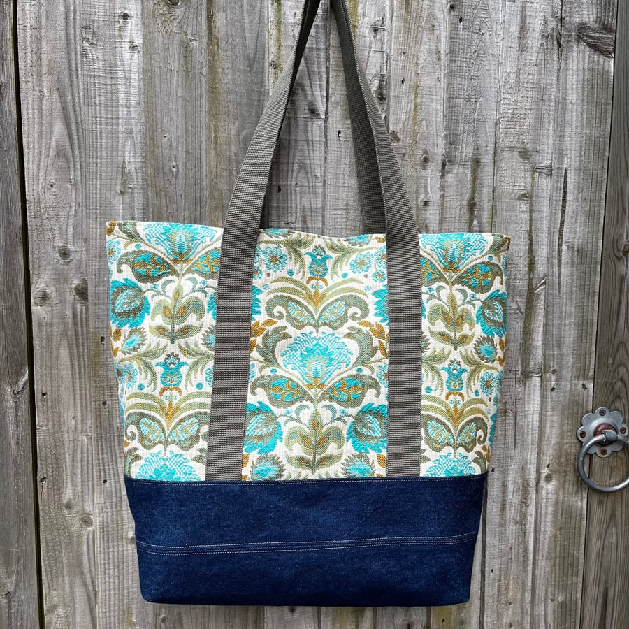 Large Tapestry and denim tote bag with shoulder straps