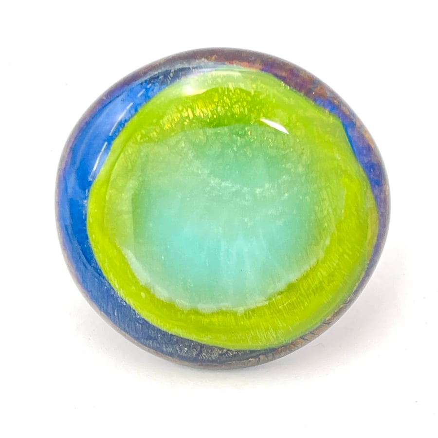 Fused Glass Green Blue Iridescent Brooch
