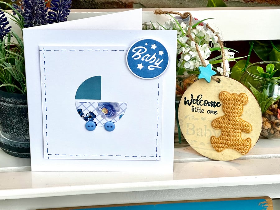 ‘New baby boy’ Card & Wooden Decoration Gift