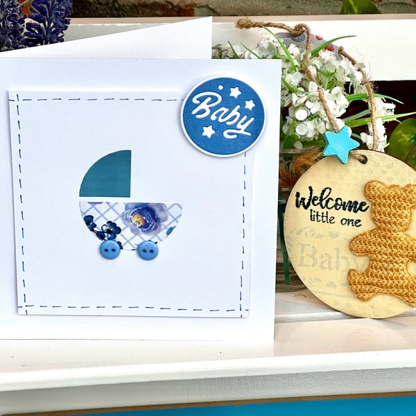 ‘New baby boy’ Card & Wooden Decoration Gift