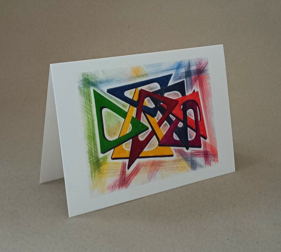 Multicolour abstract art blank inside notecard. entitled Linked II