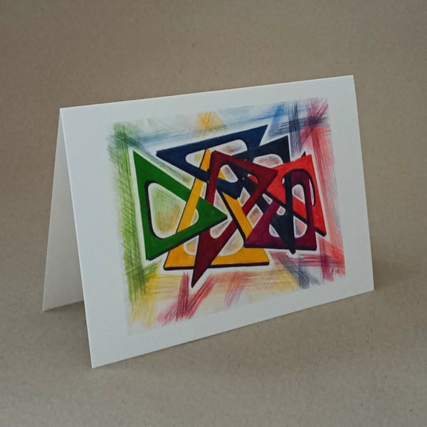 Multicolour abstract art blank inside notecard. entitled Linked II