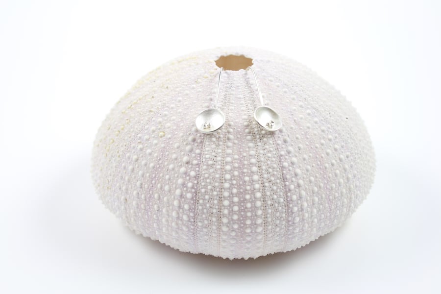 Frosted Silver Domed Disc Drop Earrings With Granulation