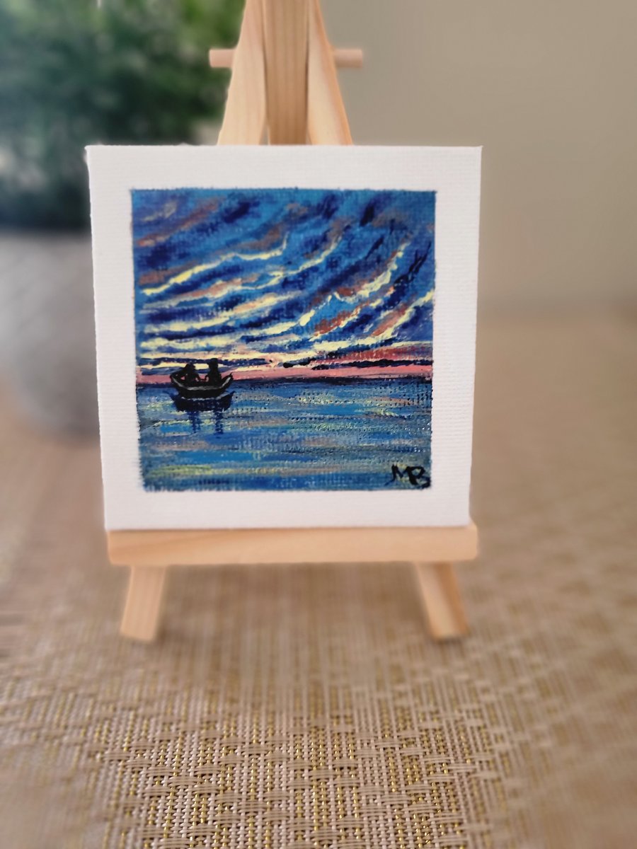 Original acrylic painting mini canvas seascape boat