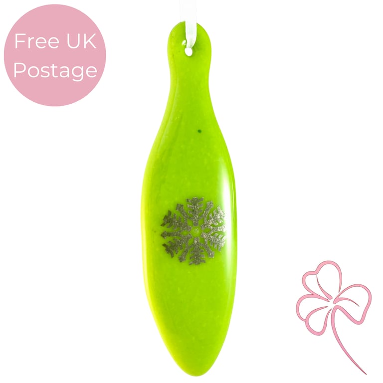Long Spring Green & Silver Snowflake Fused Glass Christmas Decoration 