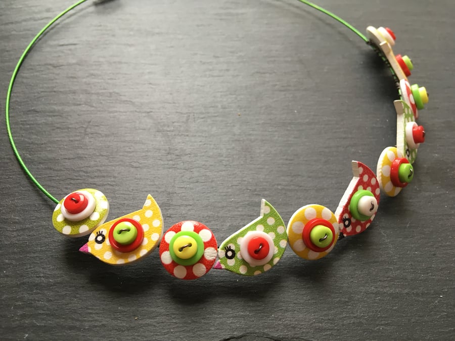 Button Necklace Red Yellow Green Birds