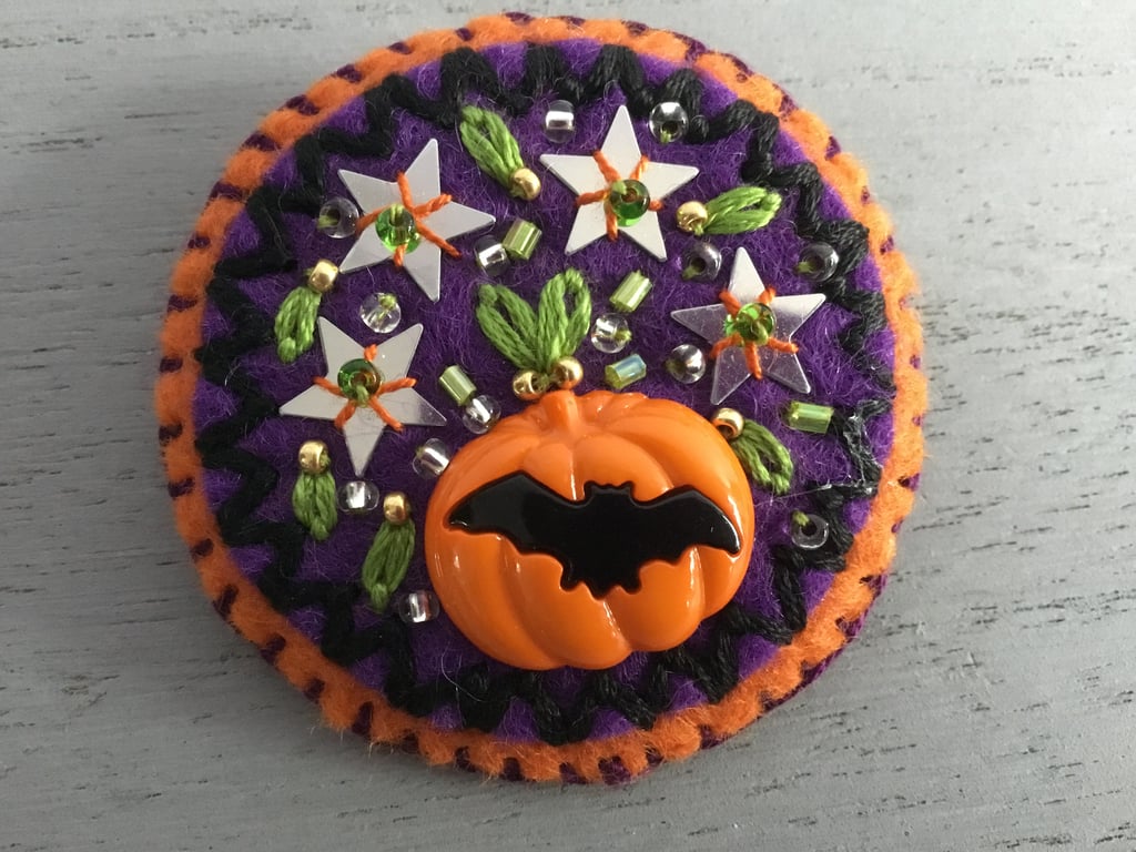 Hand Embroidered Halloween Bat Brooch