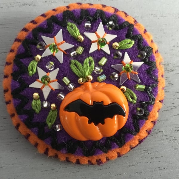 Hand Embroidered Halloween Bat Brooch