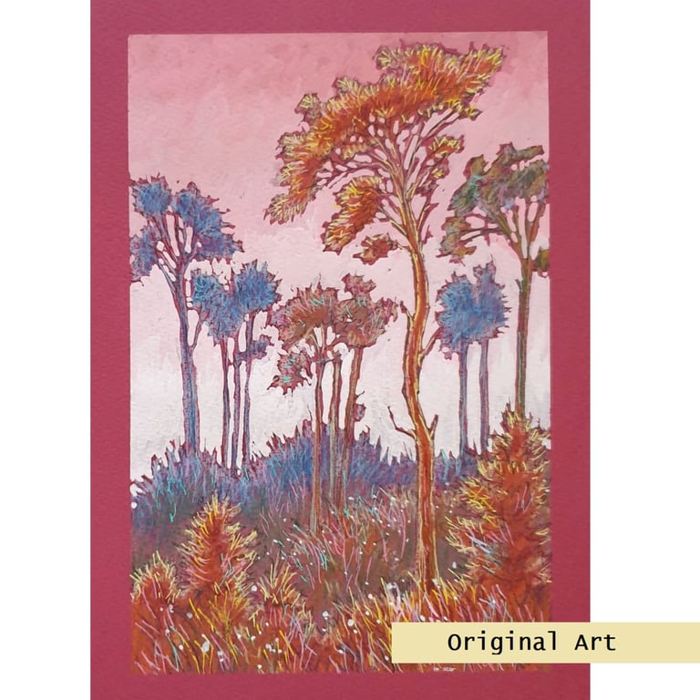 Tall trees, a semi abstract landscape drawing, landscape art, wall art