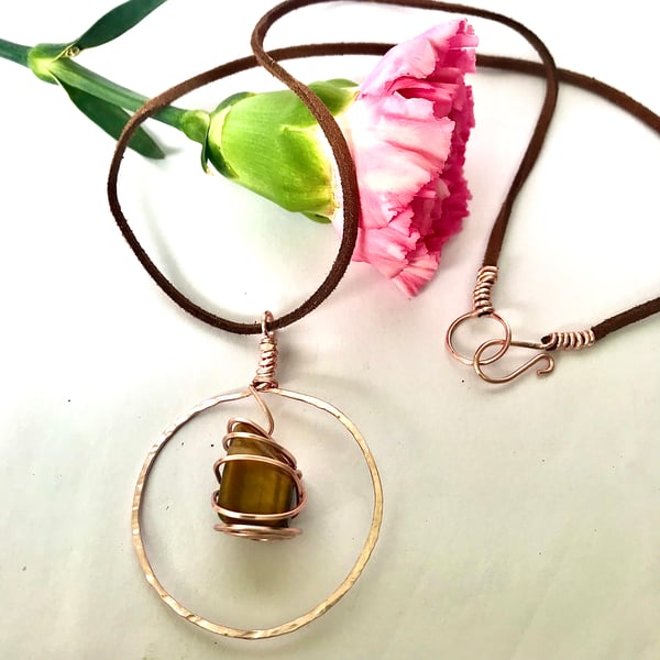 Tigers Eye Pendant - Large Stone Wrapped In Rose Gold on Leather Cord 