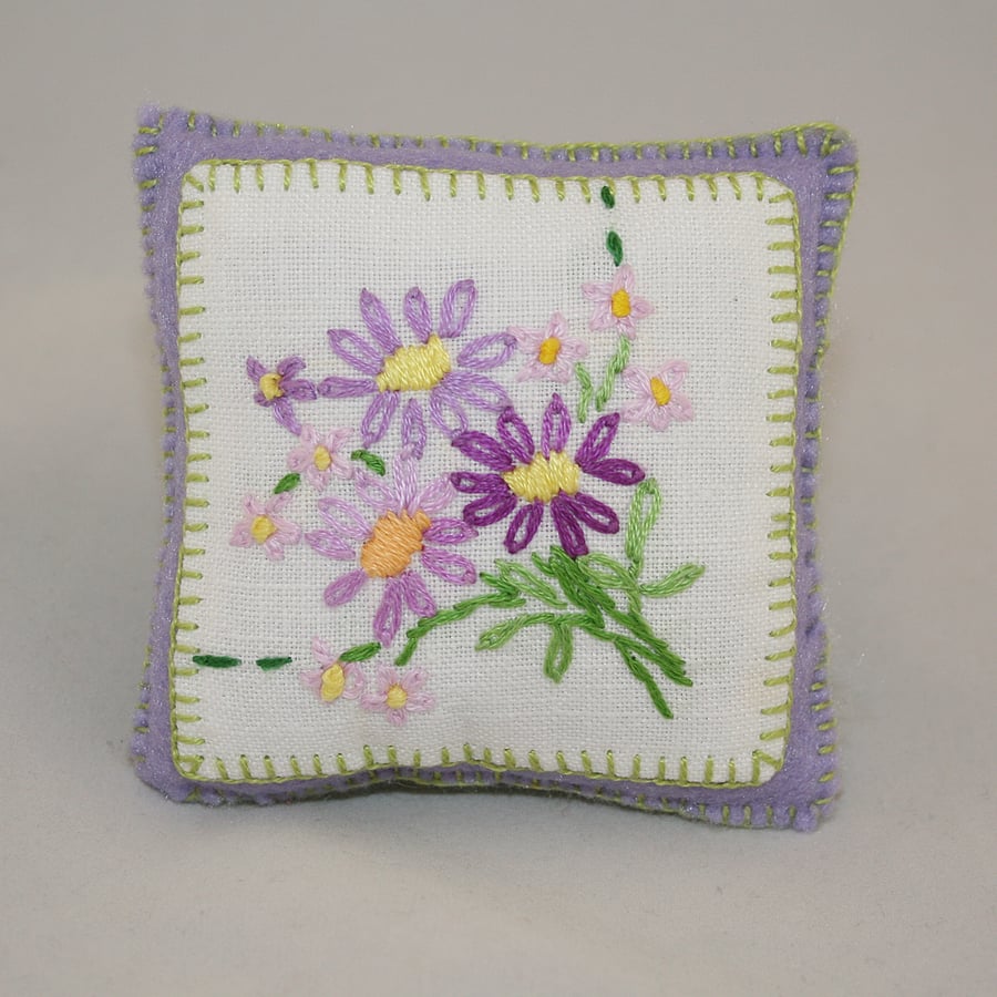 Recycled Embroidered Linen Pincushion - Lilac Daisies