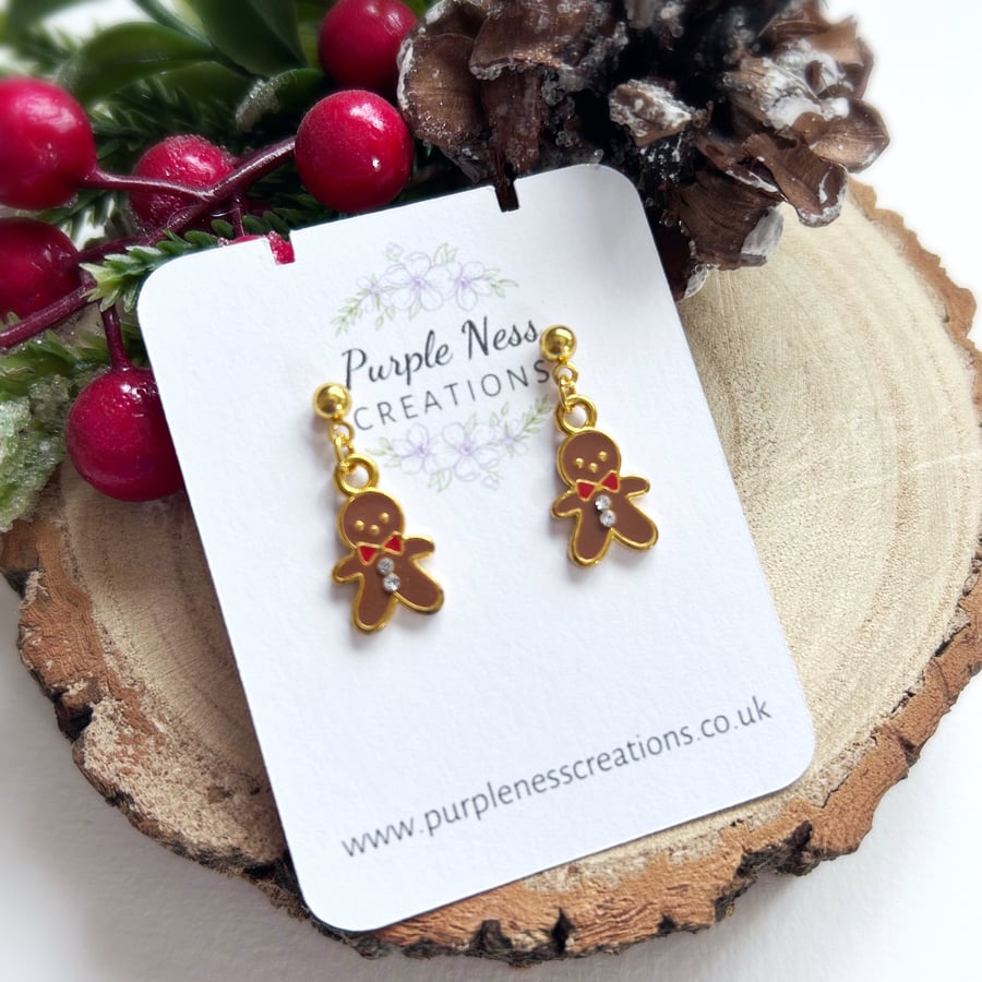 Gingerbread Man Diamanté Stud Drop Earrings, Gold Plated Christmas Earrings