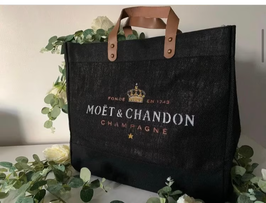 Designer Inspired Jute bag - leather handles - Hand Painted