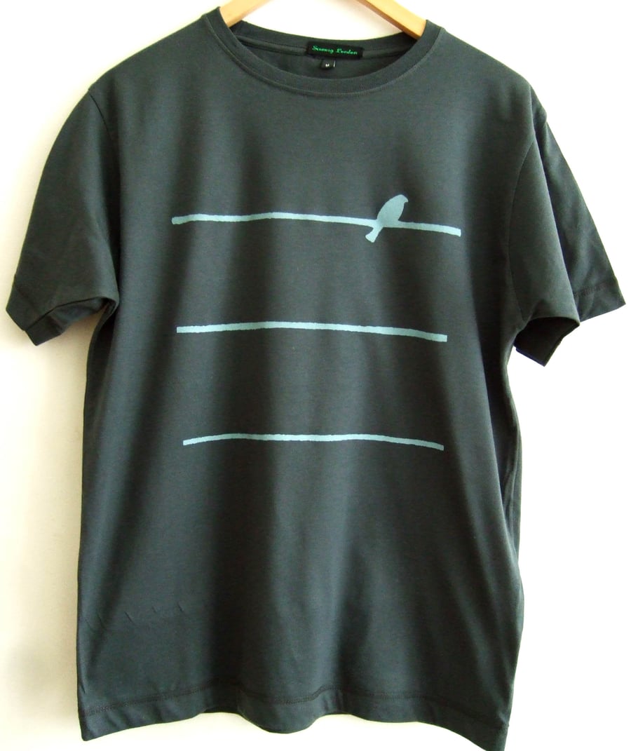 SALE Bird On A Wire Mens charcoal grey printed cotton T shirt