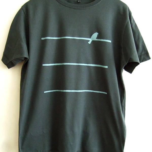 SALE Bird On A Wire Mens charcoal grey printed cotton T shirt