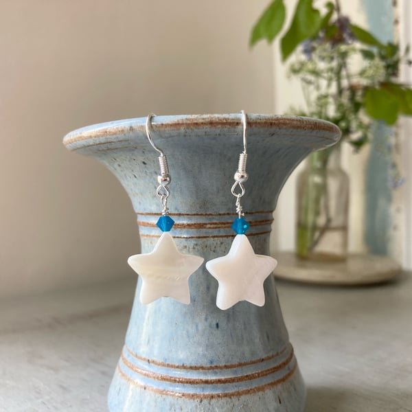 Shell Star Earrings with Blue Swarovski crystal