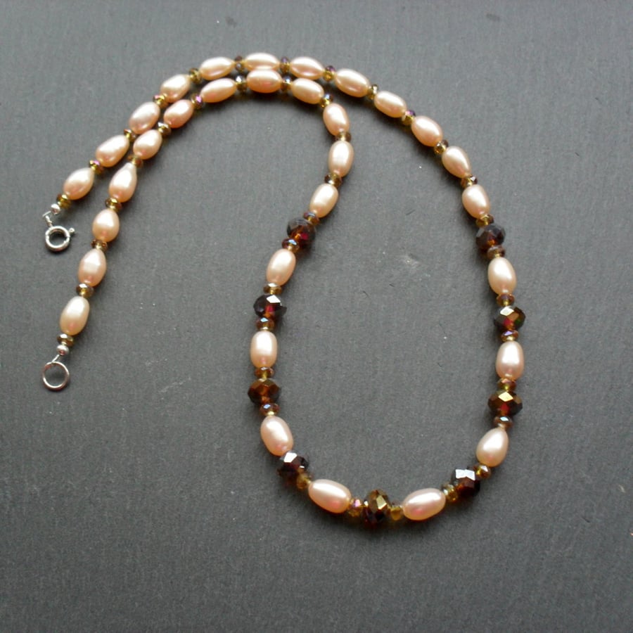 Cultured Peach Pearl and Crystal Necklace