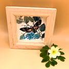 Orange Hawk Moth, Mixed media original floral painting, wood box frame, signed. 
