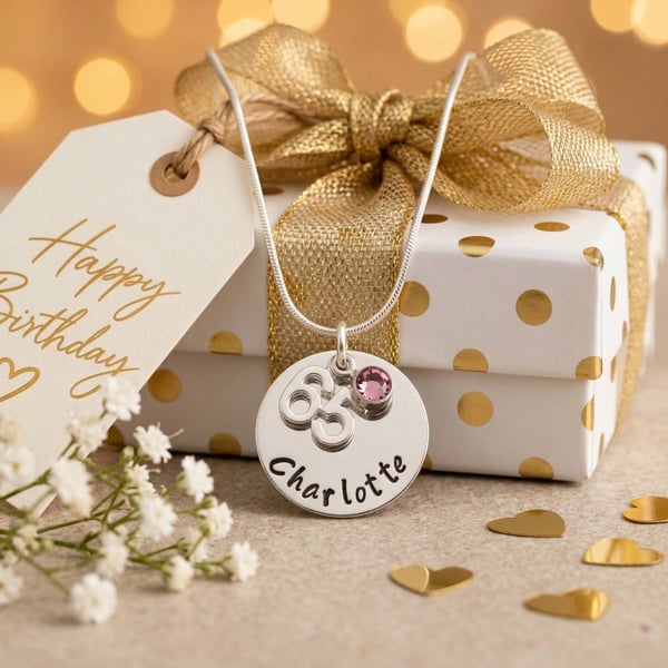 Personalised 65th Birthday Birthstone Necklace - Gift Boxed  - Free Delivery