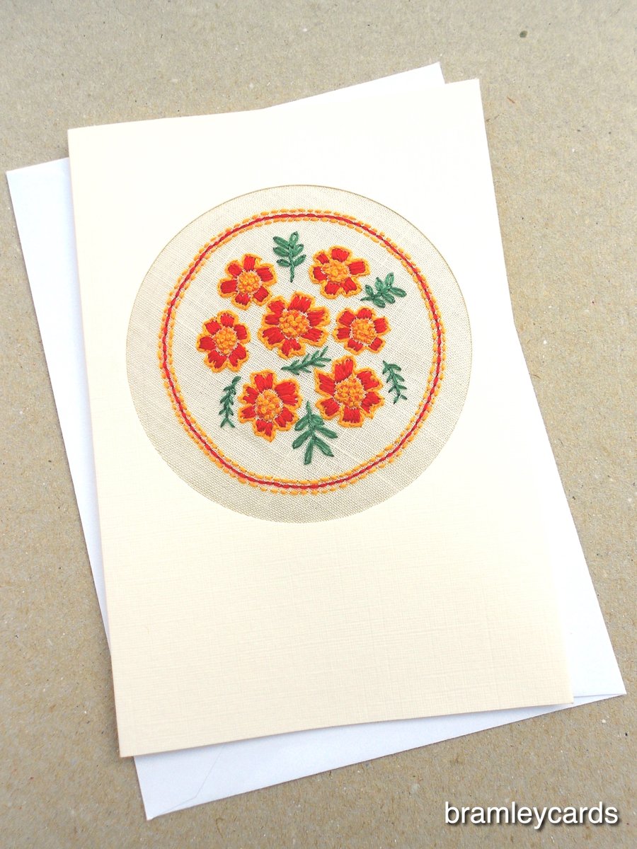 October Birthday Embroidered French Marigolds Card 