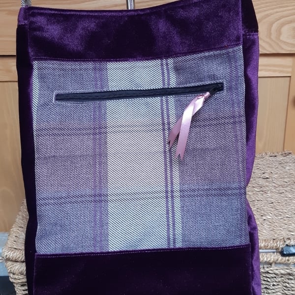 Violet velvet and plaid bag