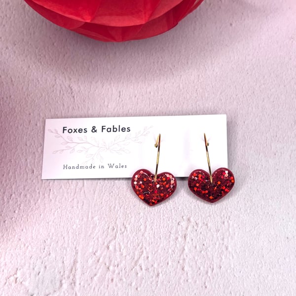 Sparkly Red Heart Hoop Earrings 