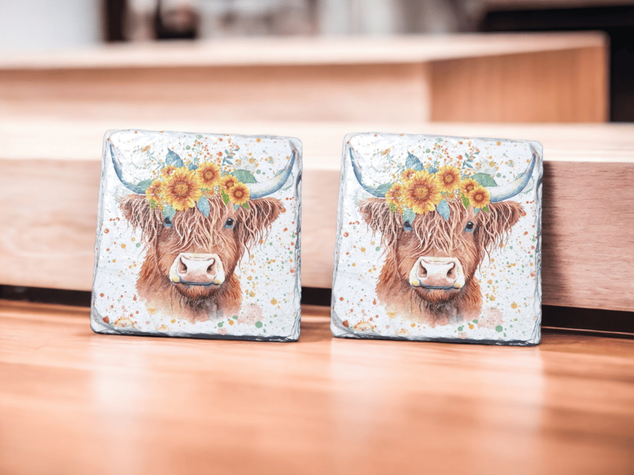 Decoupaged Slate Coaster x Highland Cow