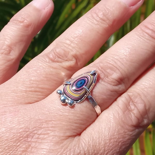 Fordite Adjustable Ring Sterling Silver Stacker Upcycled Jewellery Gift Handmade