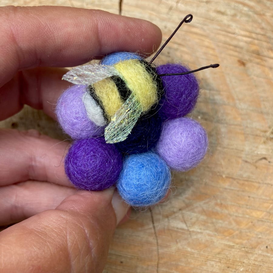Needle felted bee on purple flower fridge magnet