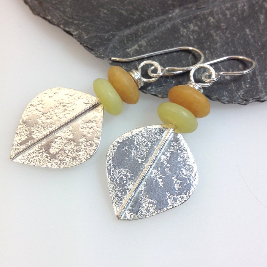 Large silver jasper and aventurine leaf spear earrings