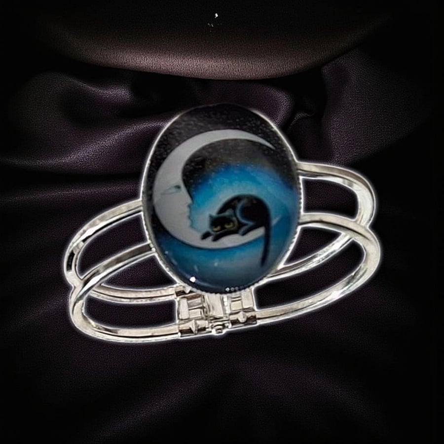 Cat and Moon Bangle - Mystical Cat Lover Gift