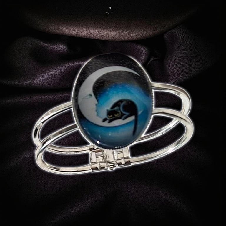 Cat and Moon Bangle - Mystical Cat Lover Gift