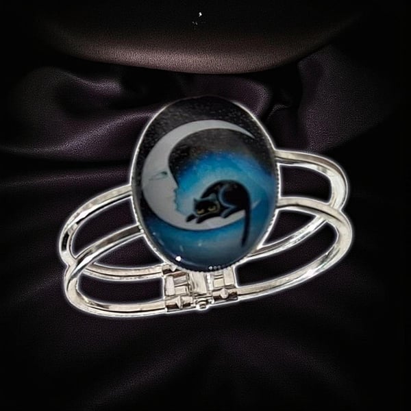 Cat and Moon Bangle - Mystical Cat Lover Gift