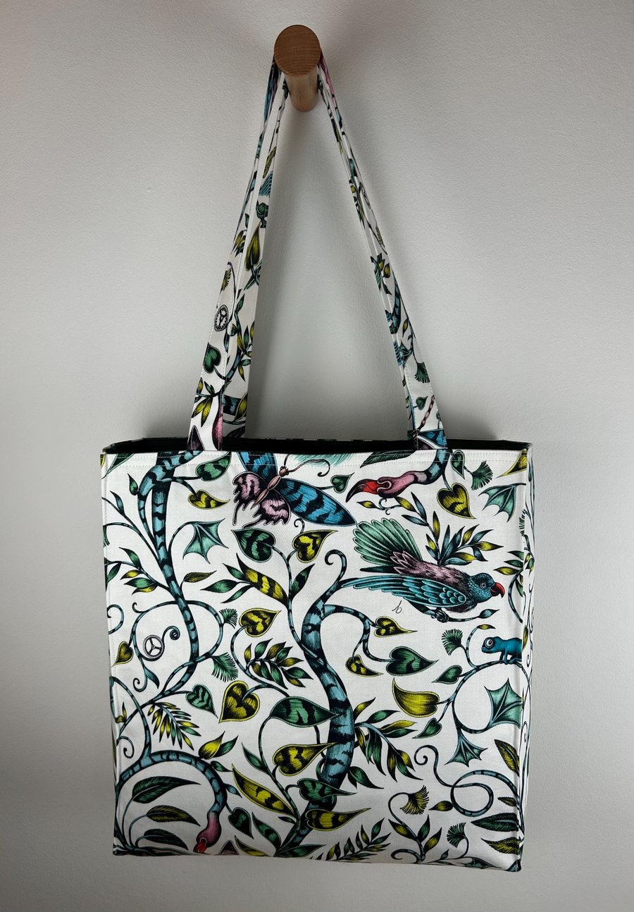 Botanical Tote Bag Whimsical Birds and Vines Print, Cotton Satin