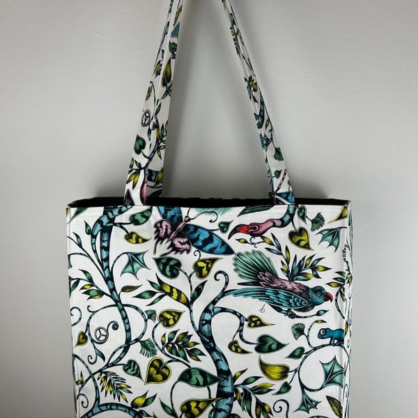 Botanical Tote Bag Whimsical Birds and Vines Print, Cotton Satin