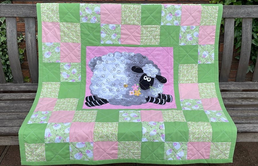 Handmade Patchwork Quilt with Suzy Bee Lal the Lamb Panel